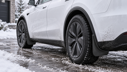 Black Tesheer mud flaps installed on a white Model Y-style crossover in winter slush