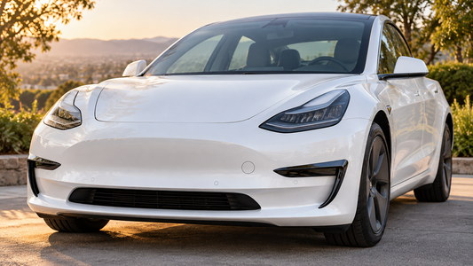 Glossy black fog light trim covers installed on a white 2017–2023 Tesla Model 3