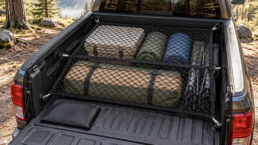 Black elastic cargo net securing camping gear in a pickup truck bed