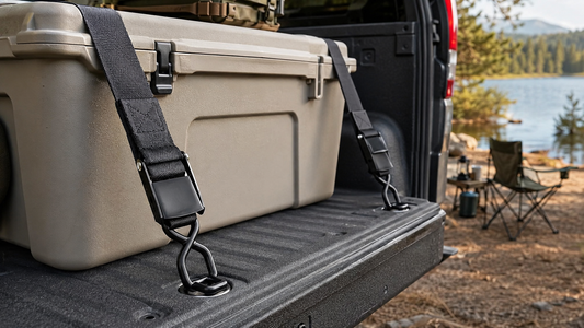 Black Tesheer retractable ratchet tie-down straps securing a storage case in a pickup bed
