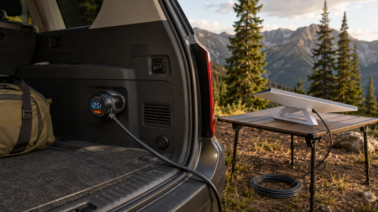 Tesheer 3-in-1 Starlink Mini power cable connected to a 12V vehicle outlet at a mountain campsite