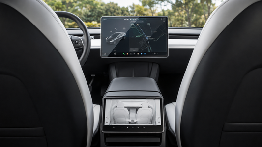 Clear tempered glass protectors installed on a 15.4-inch-class front touchscreen and 8-inch rear touchscreen in a refreshed Tesla cabin