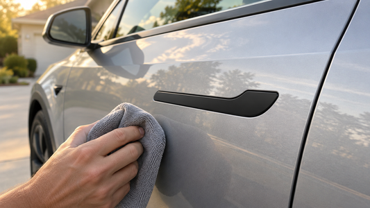 Black molded door handle cover installed on a silver car while the surrounding surface is cleaned