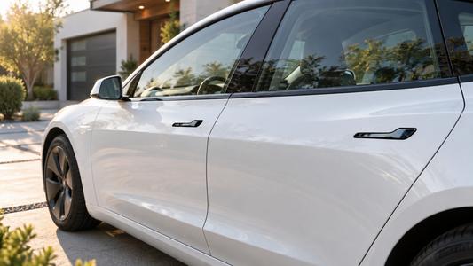 Glossy black door handle stickers on a white Tesla Model 3