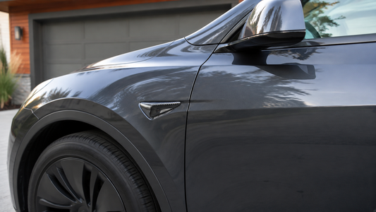 Glossy carbon fiber-style Tesheer HW3 side camera cover installed around a Tesla Model Y front-fender side repeater