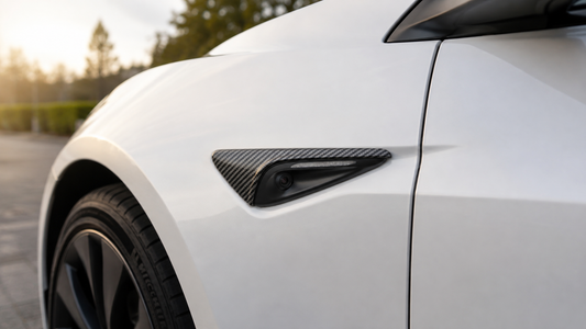 Carbon fiber-style HW4 side camera cover installed on a white Tesla Model 3 Highland with the lens and indicator unobstructed
