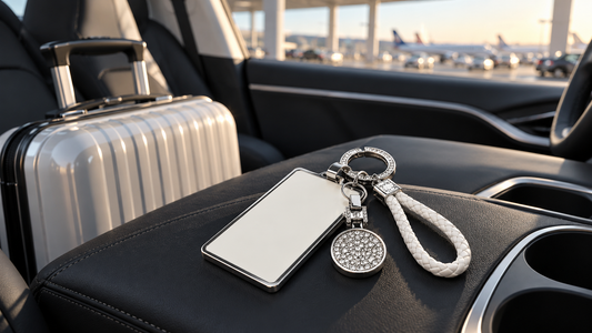 White Tesheer key card holder beside carry-on luggage in an airport parking setting