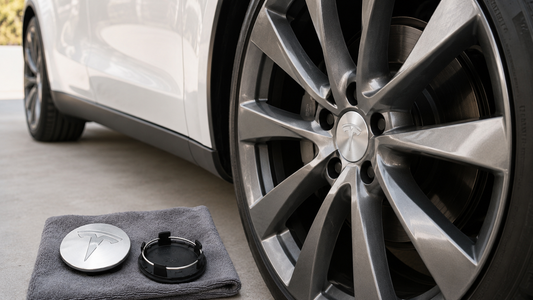 Silver wheel center cap installed on a Tesla Model 3 or Model Y alloy wheel with snap-on cap details