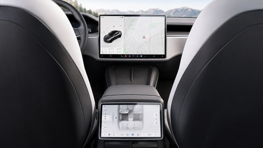 HD clear protectors installed on the 17-inch front and 8-inch rear displays in a Tesla Model S or Model X