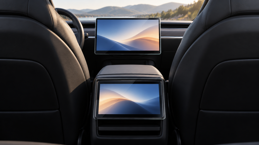 HD clear protectors installed on the 17-inch front and 8-inch rear screens in a Model S or Model X cabin