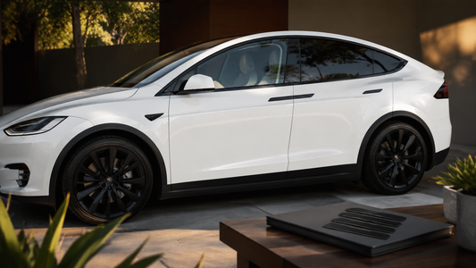 Glossy black door handle stickers installed on a white Tesla Model X