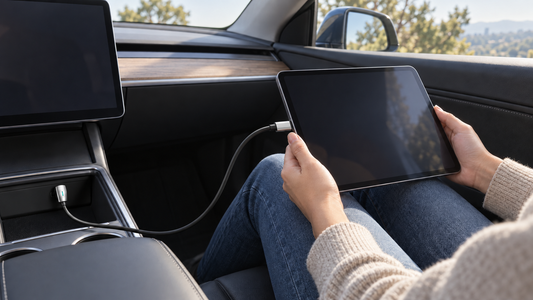 Tesheer right-angle USB-C cable charging a USB-C iPad from a Tesla Model 3 or Model Y center console