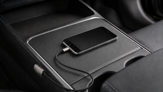 Right-angle USB-C to Lightning cable routed neatly from a Tesla center console to a Lightning iPhone
