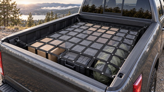Tesheer tight-mesh cargo net secured over small boxes and camping gear in a pickup truck bed