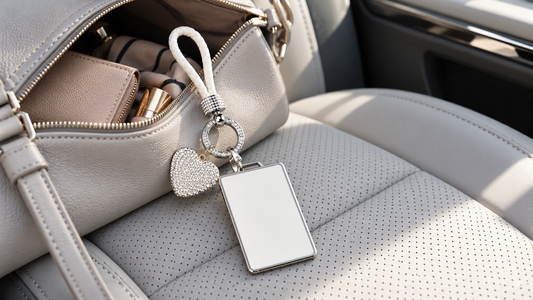 White TPU crystal heart key card holder with braided wrist strap beside an open light gray handbag on a car seat