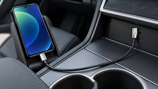 Tesheer right-angle USB-C cable charging an Android phone from a Tesla center-console USB-C port