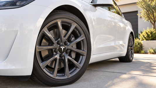 White Tesla Model 3 with black wheel center cap, white emblem and five black lug nut covers installed on an exposed alloy wheel
