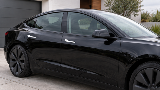 White Tesheer door handle covers installed on a black Model 3-style sedan