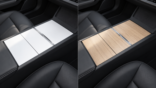 White PVC and light wood-grain center console wraps compared in two Model 3 Highland interiors