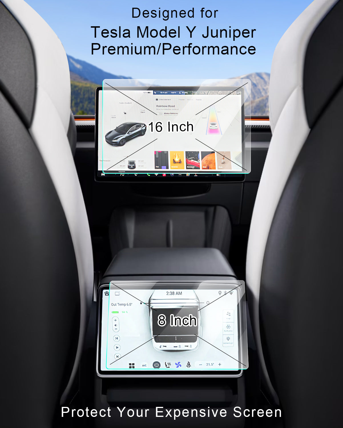 2026 Tesla Model Y Juniper Premium/Performance Screen Protector 16" Touchscreen 8" Rear Screen