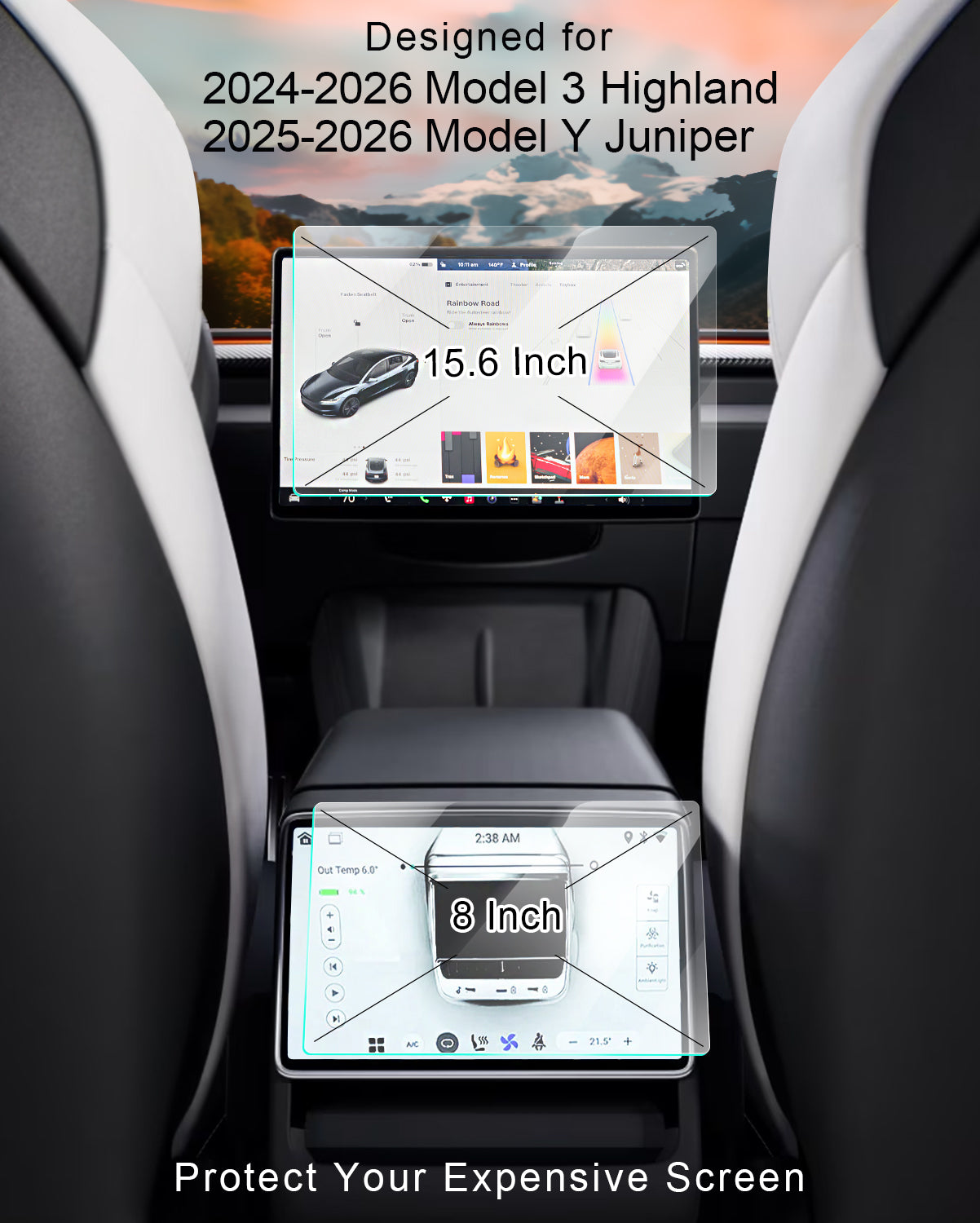 Tesla Model 3 Highland & Model Y Juniper Screen Protector (2024–2026) – 15" + 8" Tempered Glass