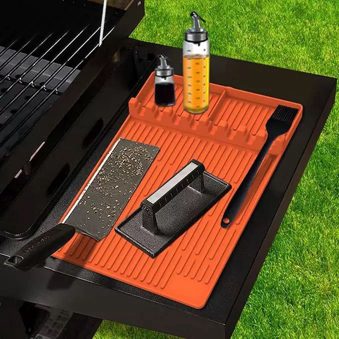 Pultio Silicone Grill Mat - Heat Resistant BBQ Tool Organizer for Outdoor Grilling, Non-Slip Grill Side Shelf Mat (Orange)