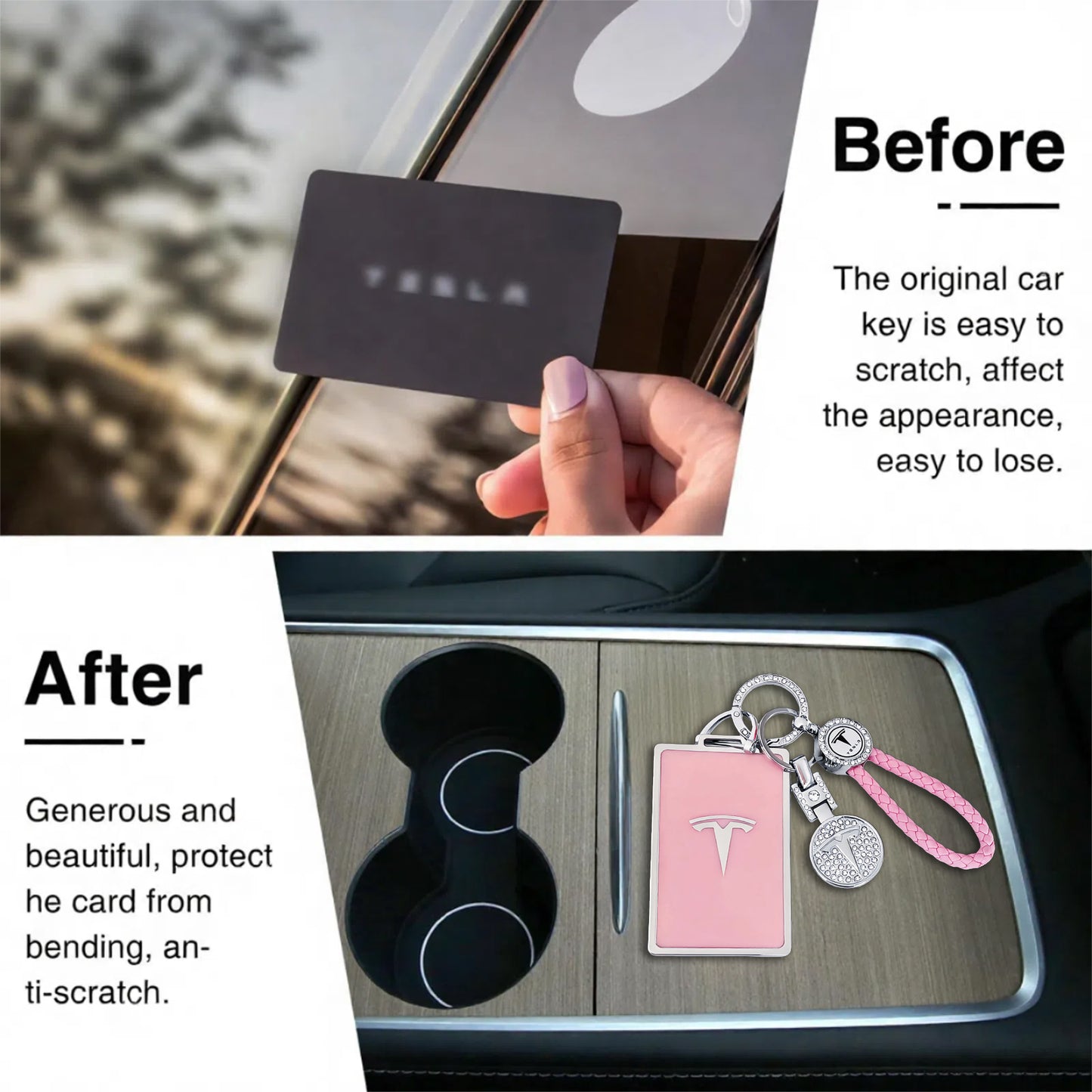 Pink Tesla Key Card Holder with Keychain