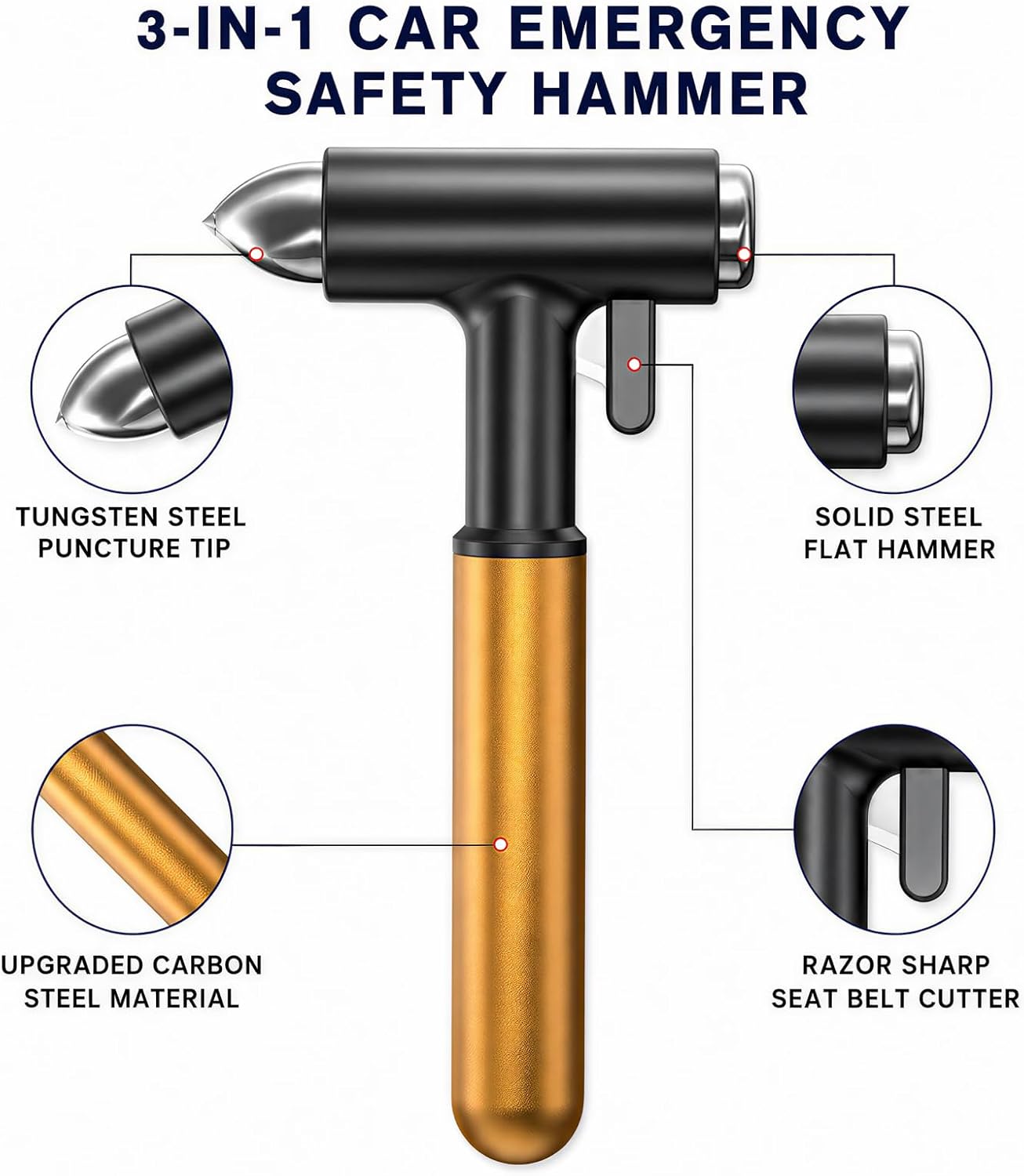 Tesheer 3-in-1 car safety hammer with tungsten tip flat hammer and seatbelt cutter