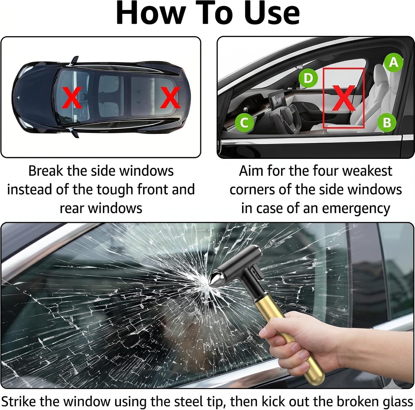 How to use a car window breaker on side windows during an emergency