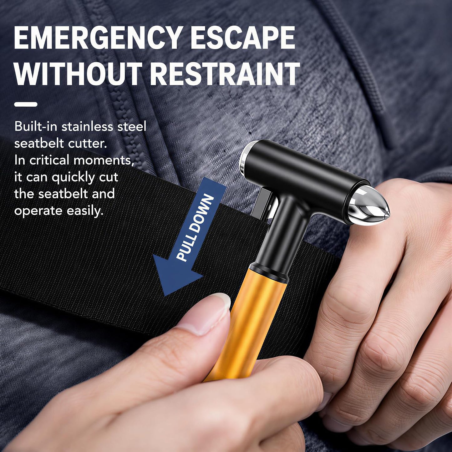 Built-in seatbelt cutter on gold vehicle emergency escape hammer