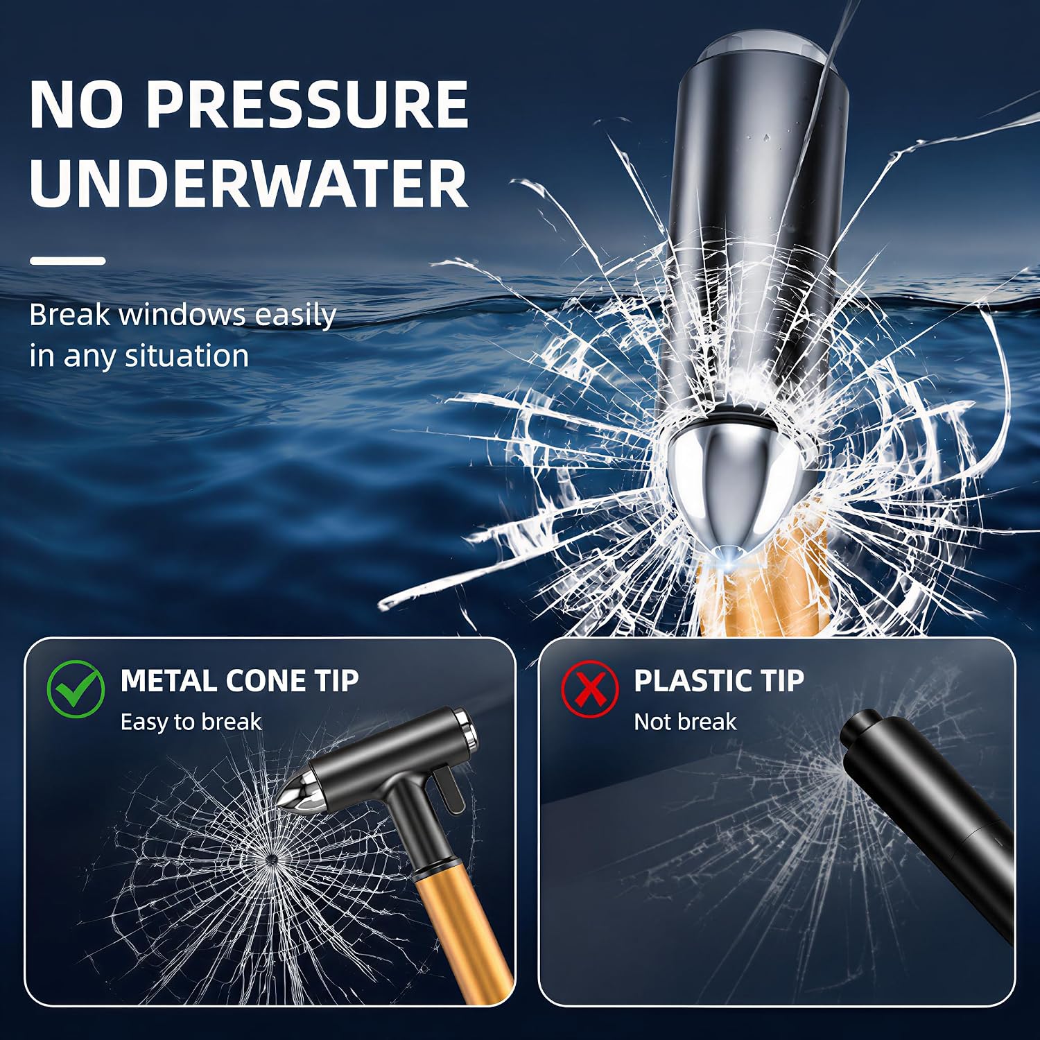 Metal cone window breaker designed for underwater vehicle escape