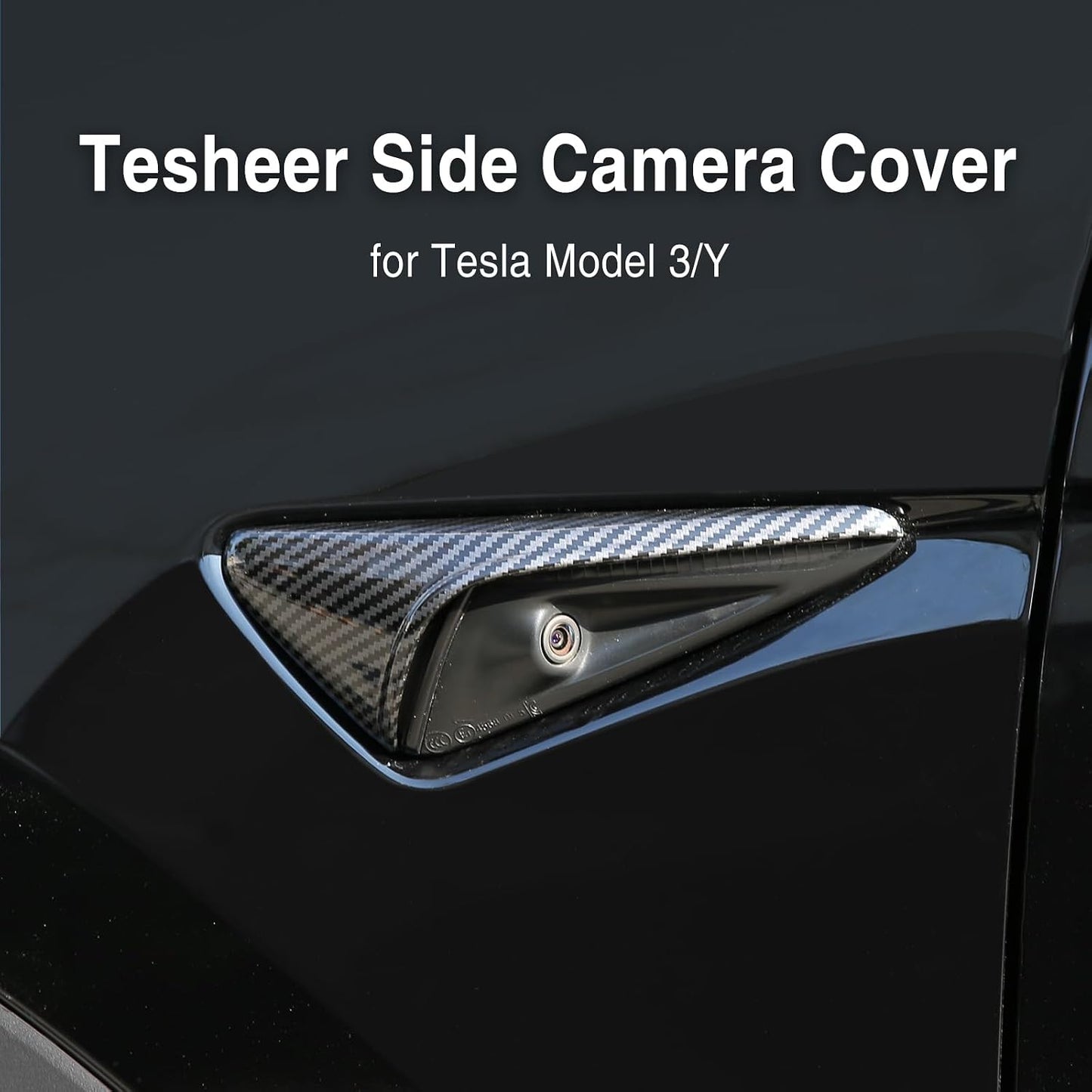 Tesheer Glossy Carbon Fiber-Style HW4 Side Camera Covers for 2024 Tesla Model 3/Y – 2PCS