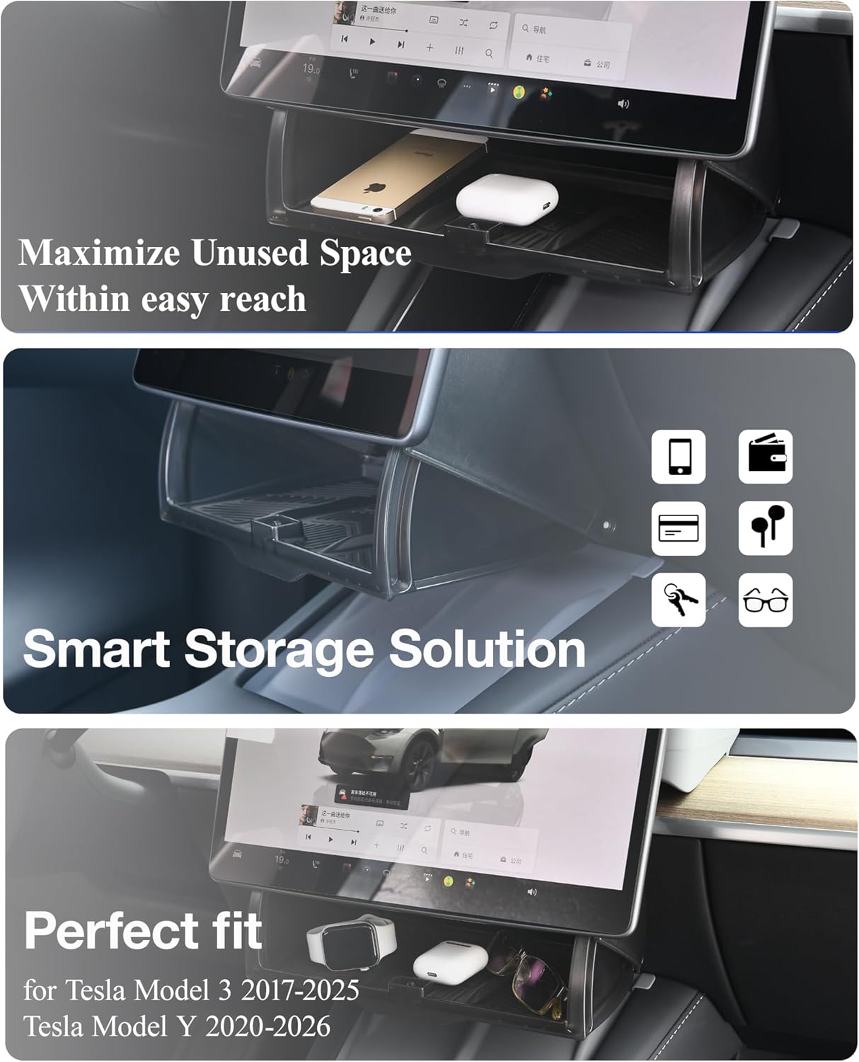 Hidden Under-Screen Storage Box Compatible with Tesla Model 3 Highland & Model Y Juniper