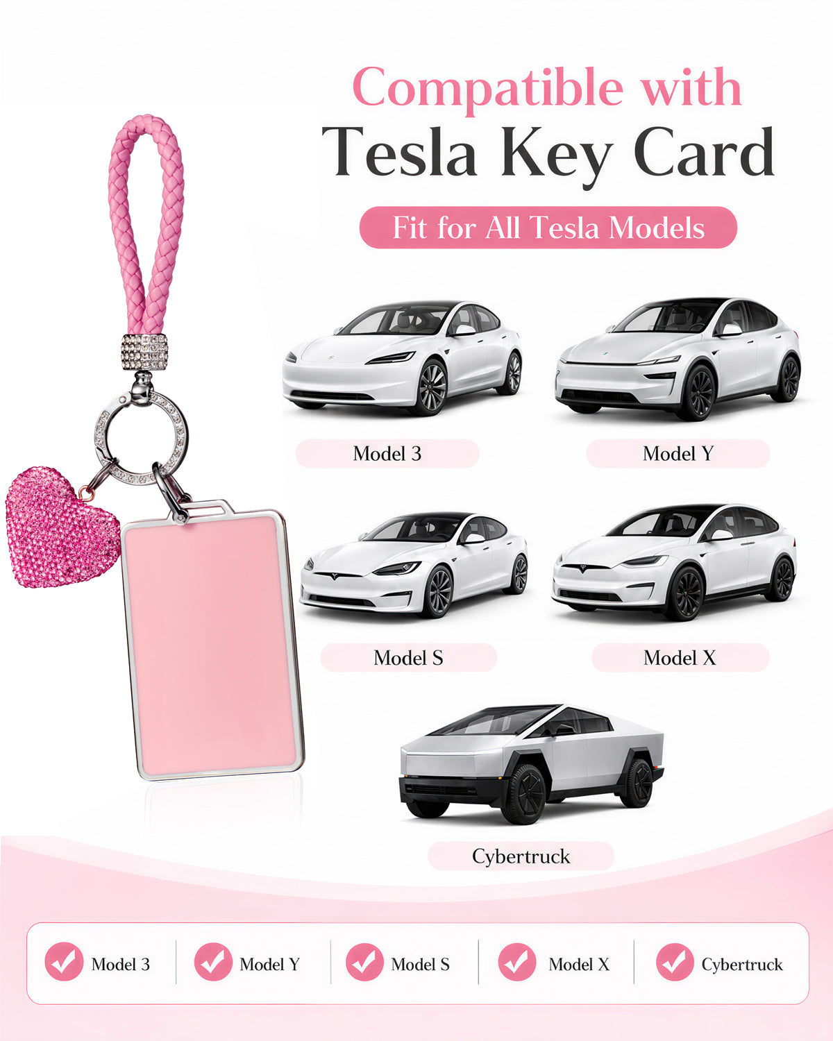 Crystal Heart Pink Bling Tesla Key Card Holder