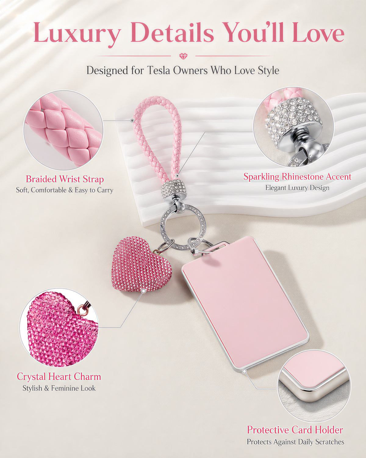 Crystal Heart Pink Bling Tesla Key Card Holder