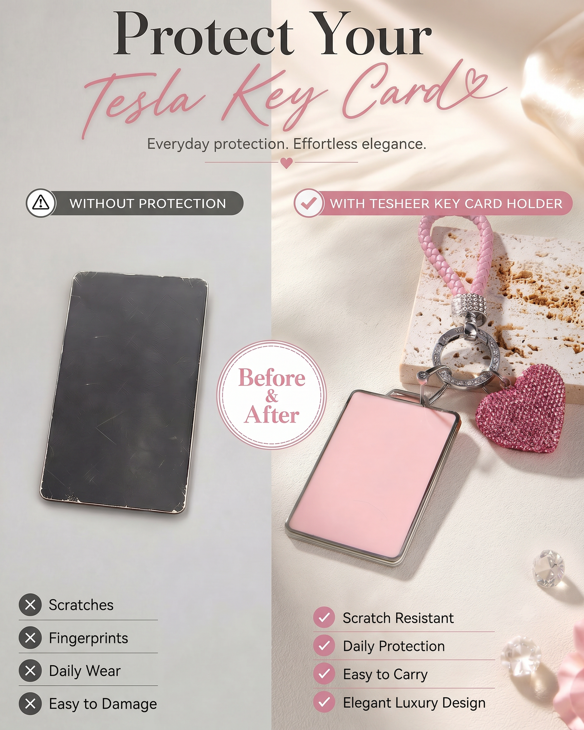 Crystal Heart Pink Bling Tesla Key Card Holder