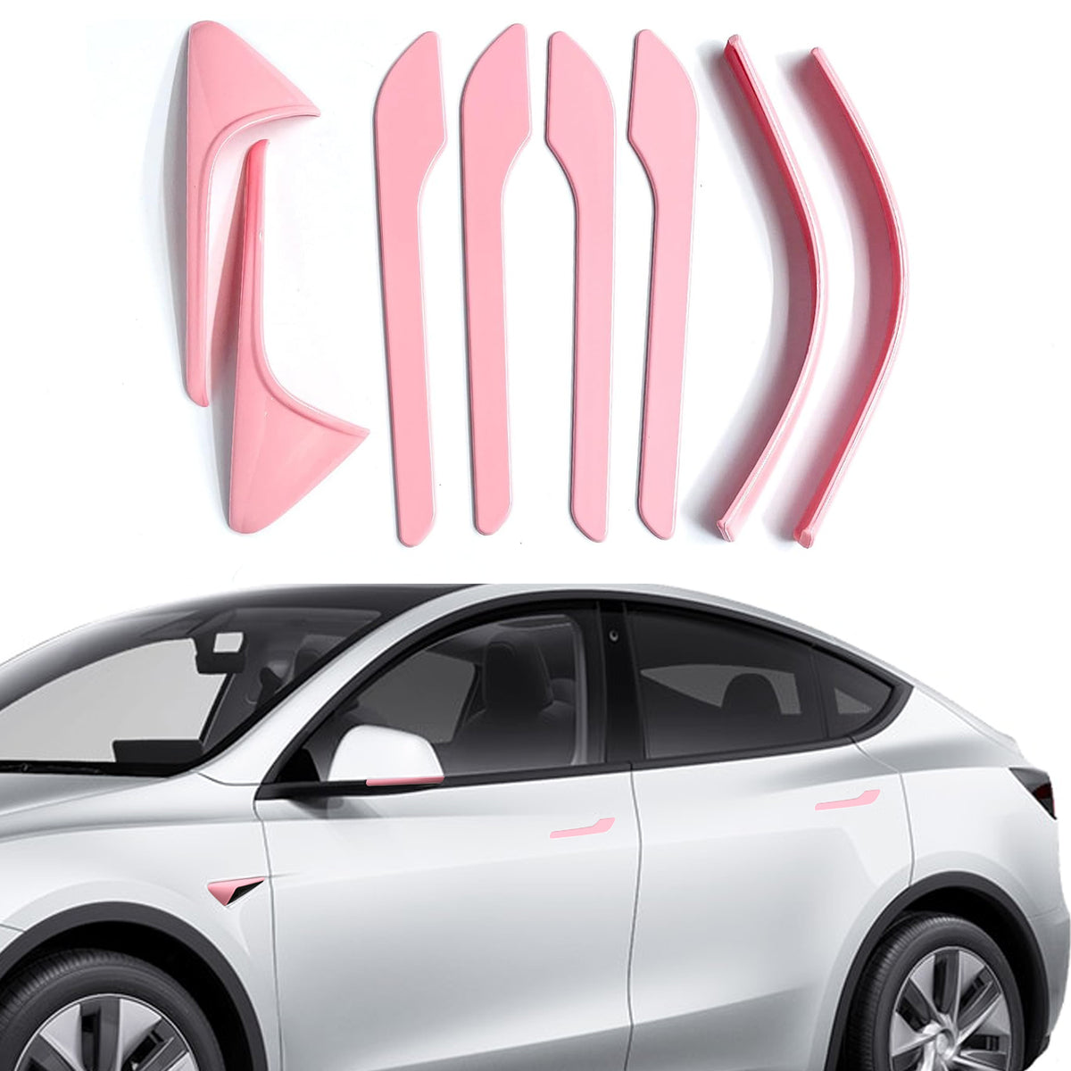Tesheer pink Model Y HW3 exterior accessories kit with door handle, camera and mirror trim covers