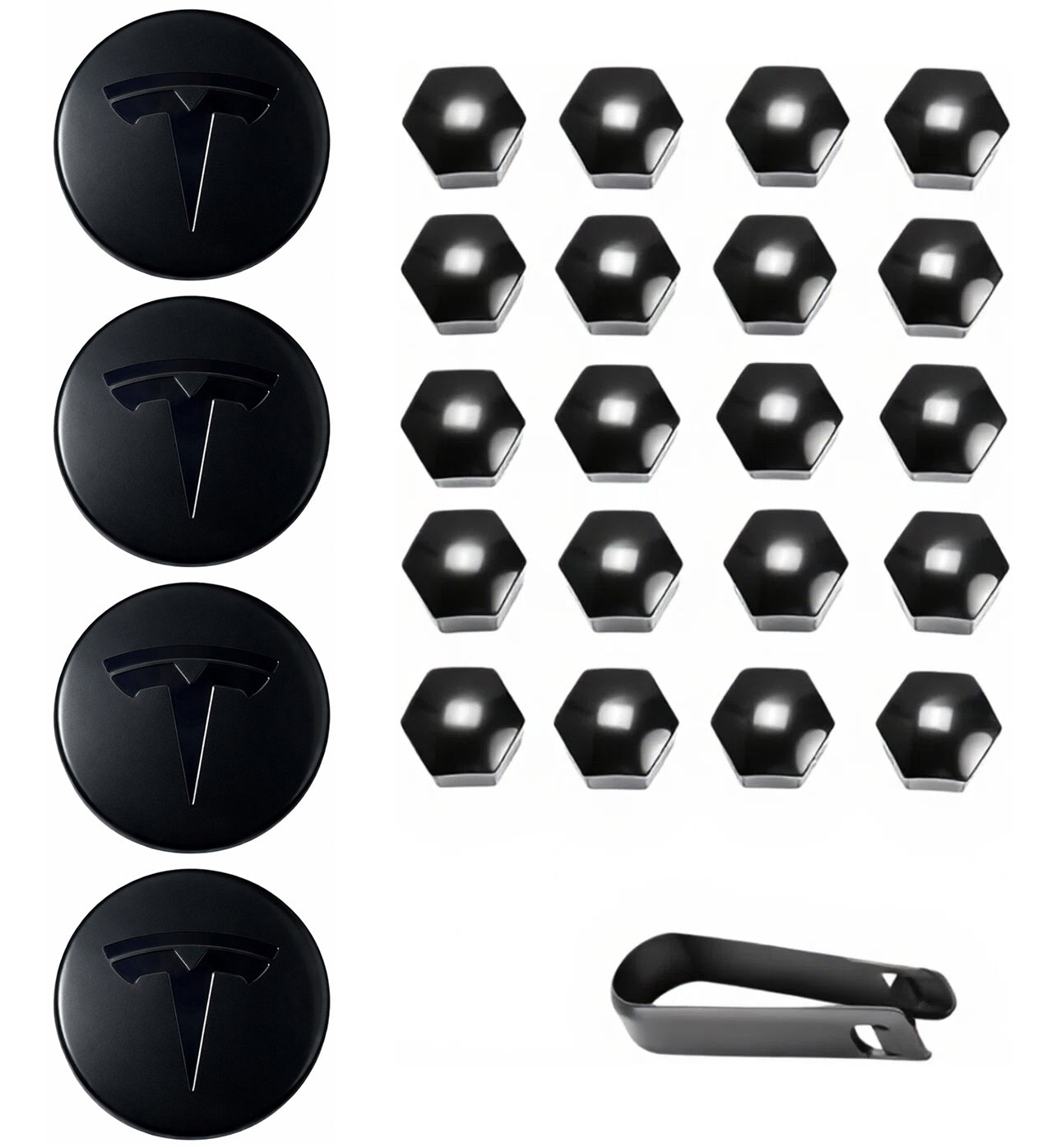 Tesheer Glossy Black Wheel Center Cap Kit for Tesla Model 3/Y – 4 Caps + 20 Lug Covers