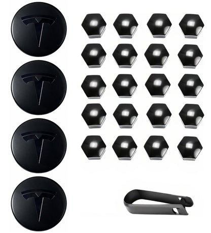 Tesheer Glossy Black Wheel Center Cap Kit for Tesla Model 3/Y – 4 Caps + 20 Lug Covers Tesheer