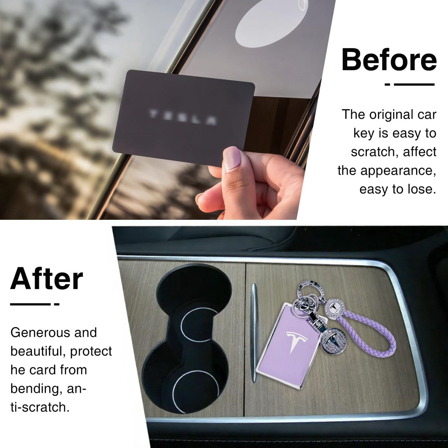 Tesheer Bling Purple Tesla Key Card Holder with Crystal Keychain – Model S/X/3/Y & Cybertruck