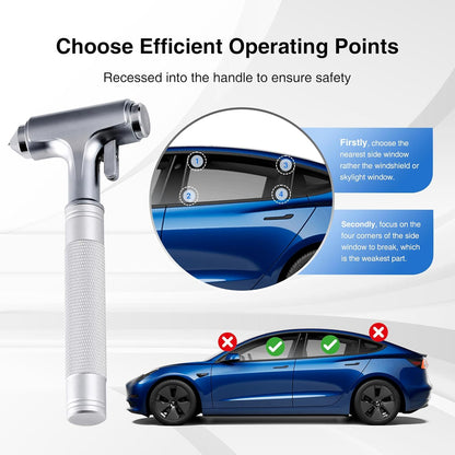 Built-in seatbelt cutter on Tesheer safety hammer