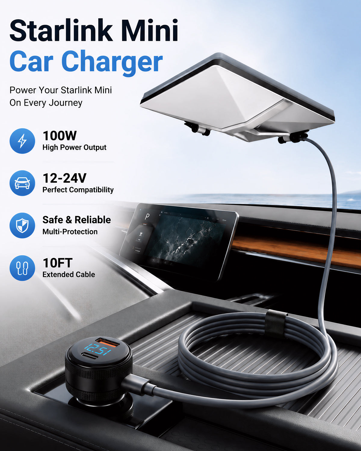 Starlink Mini Car Power Cable | 3-in-1 12V-24V DC Adapter with USB Fast Charging