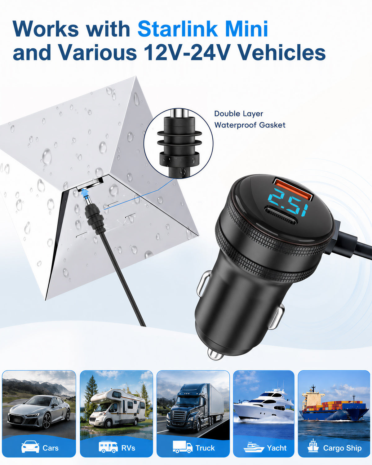 Starlink Mini Car Power Cable | 3-in-1 12V-24V DC Adapter with USB Fast Charging