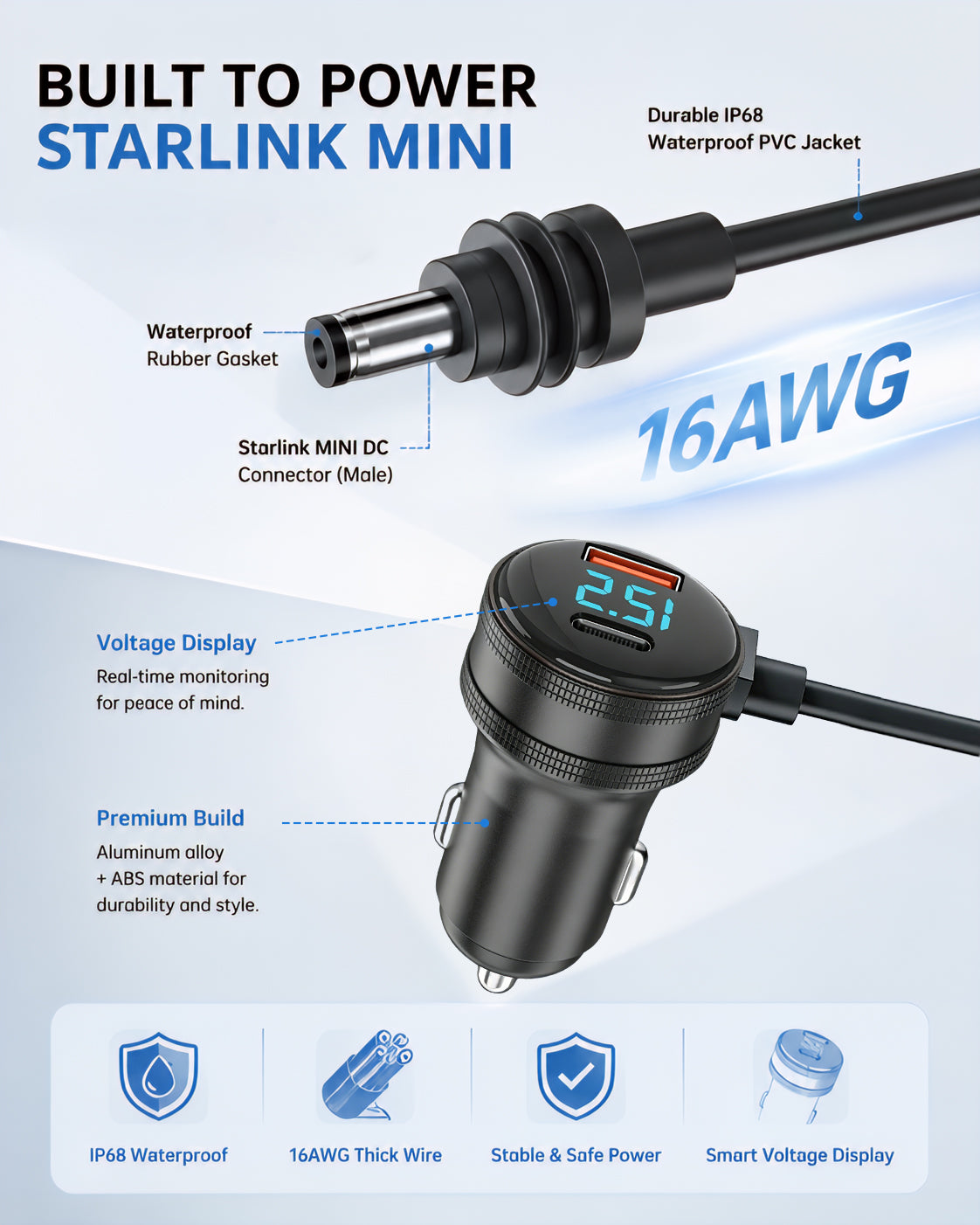 Starlink Mini Car Power Cable | 3-in-1 12V-24V DC Adapter with USB Fast Charging