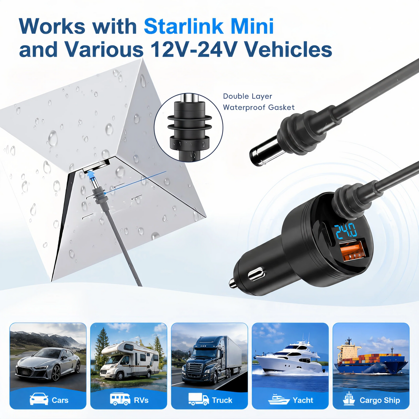 Starlink Mini Car Adapter | 12V-24V DC Power Cable with USB Fast Charging