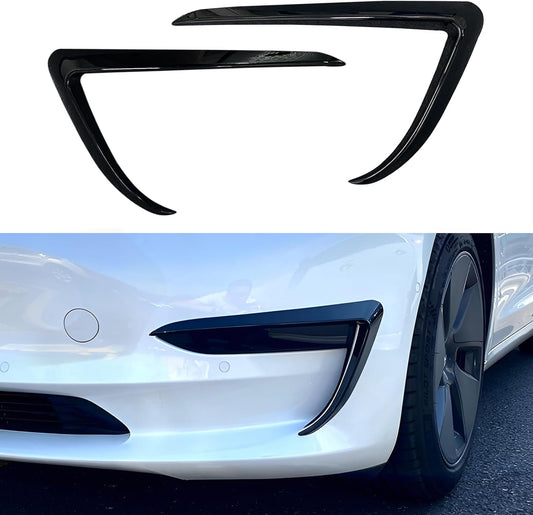 Tesla Model 3 Front Fog Light Trim Cover - Glossy Black Carbon Fiber Eyebrow Spoiler for 2017-2023
