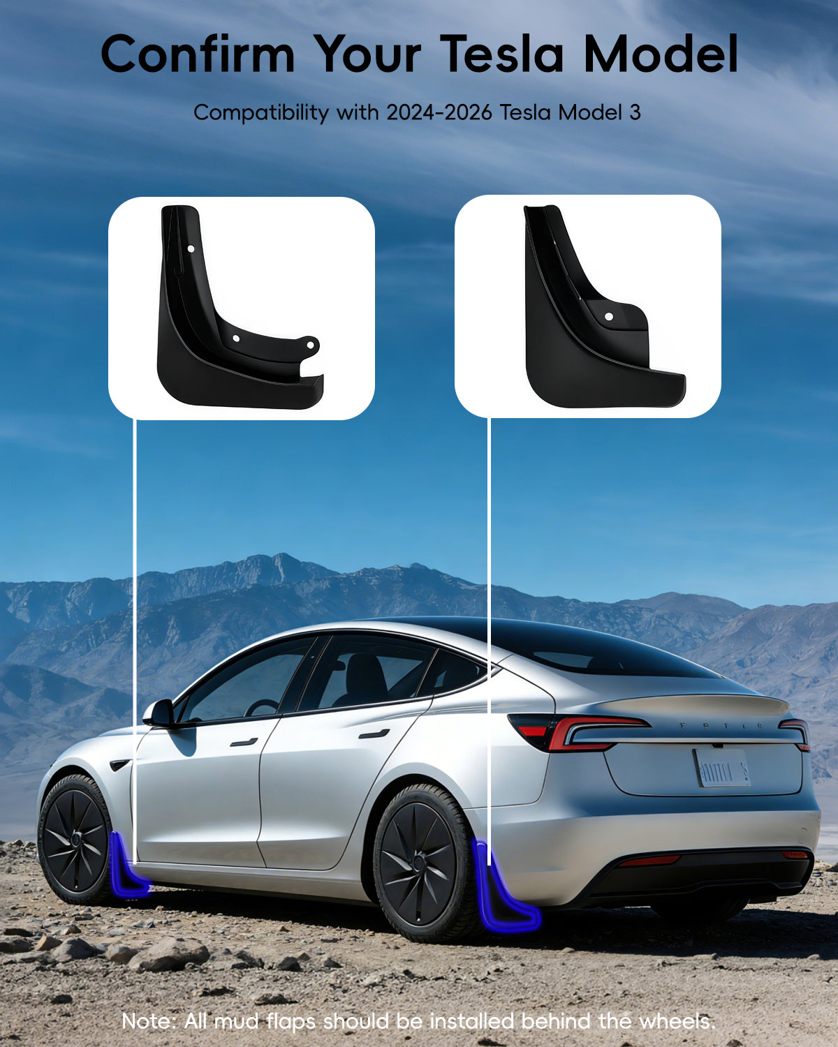 Tesheer Mud Flaps for 2024–2026 Tesla Model 3 Highland – No-Drill Splash Guards, Set of 4