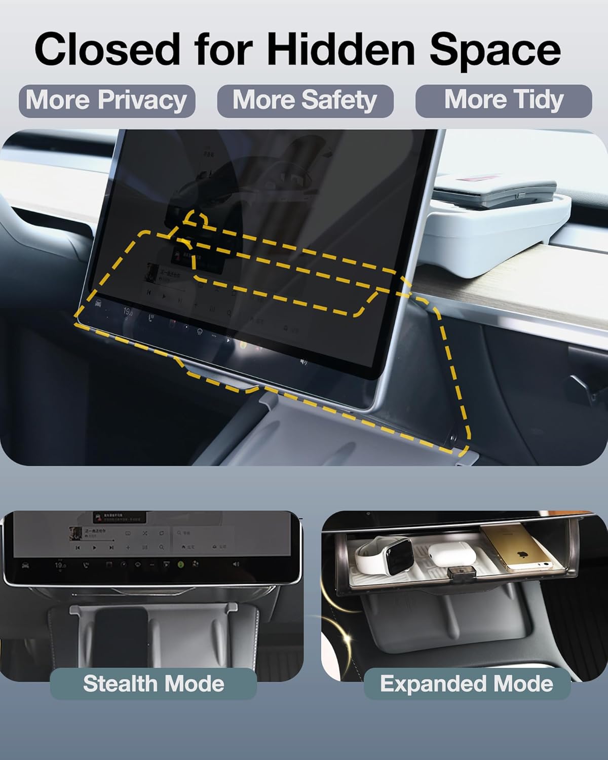 Hidden Under-Screen Storage Box Compatible with Tesla Model 3 Highland & Model Y Juniper