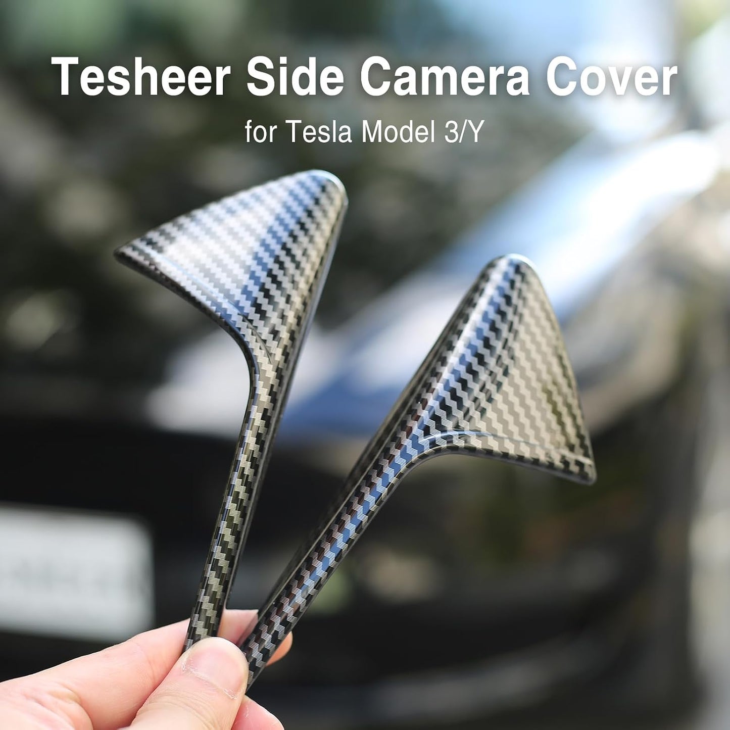 Tesheer Glossy Carbon Fiber-Style HW3 Side Camera Covers for Tesla Model 3/Y – 2PCS
