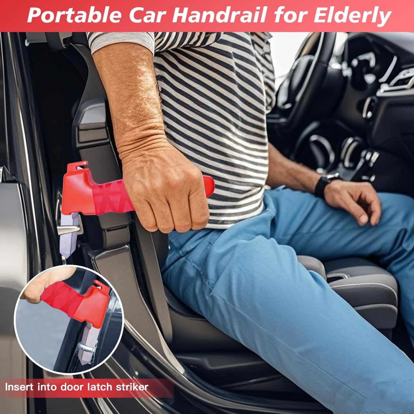 Elderly woman using Tesheer car door assist handle to get out of car safely